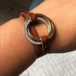 Michael Kors Brown Leather Double Wrap Bracelet with Gold and Crystal Rings